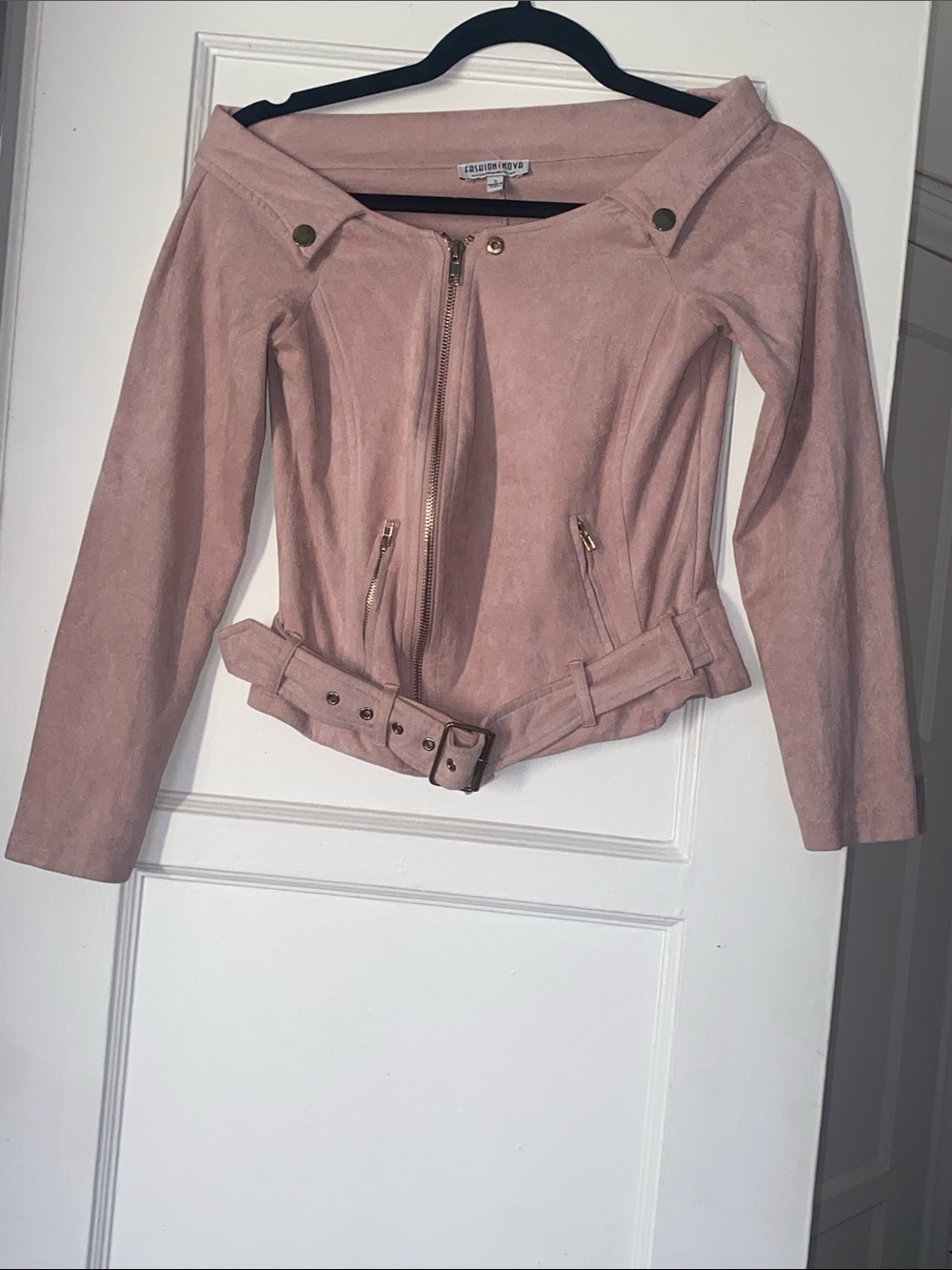 Fashion Nova Off-Shoulder Faux Suede Belted Jacket - Blush Pink Size S